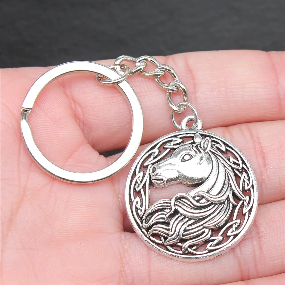 Keychain Holder Souvenirs Gift Vintage Handmade Antique Silver Color 34x30mm Horse Pendant Keyring