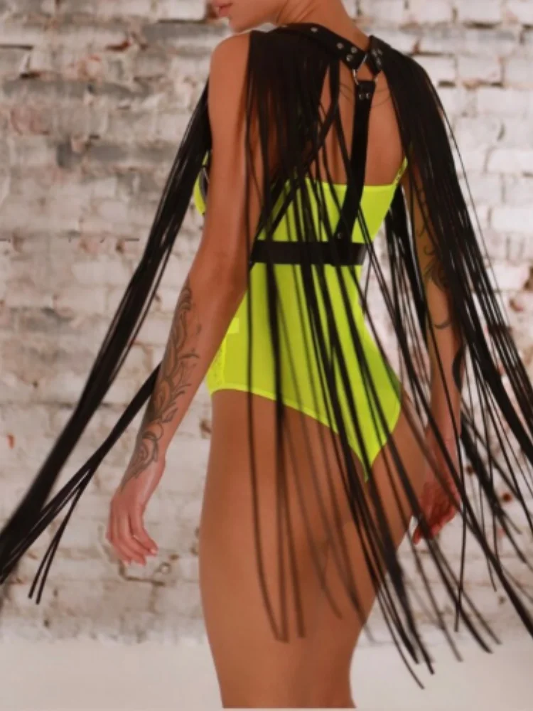 新しいユニークなセクシーなエキゾチックな女性の黒のタッセルダンスドレスサスペンダー Pu レザーハロウィンフェスティバルパーティーファッションコスチュームアクセサリー