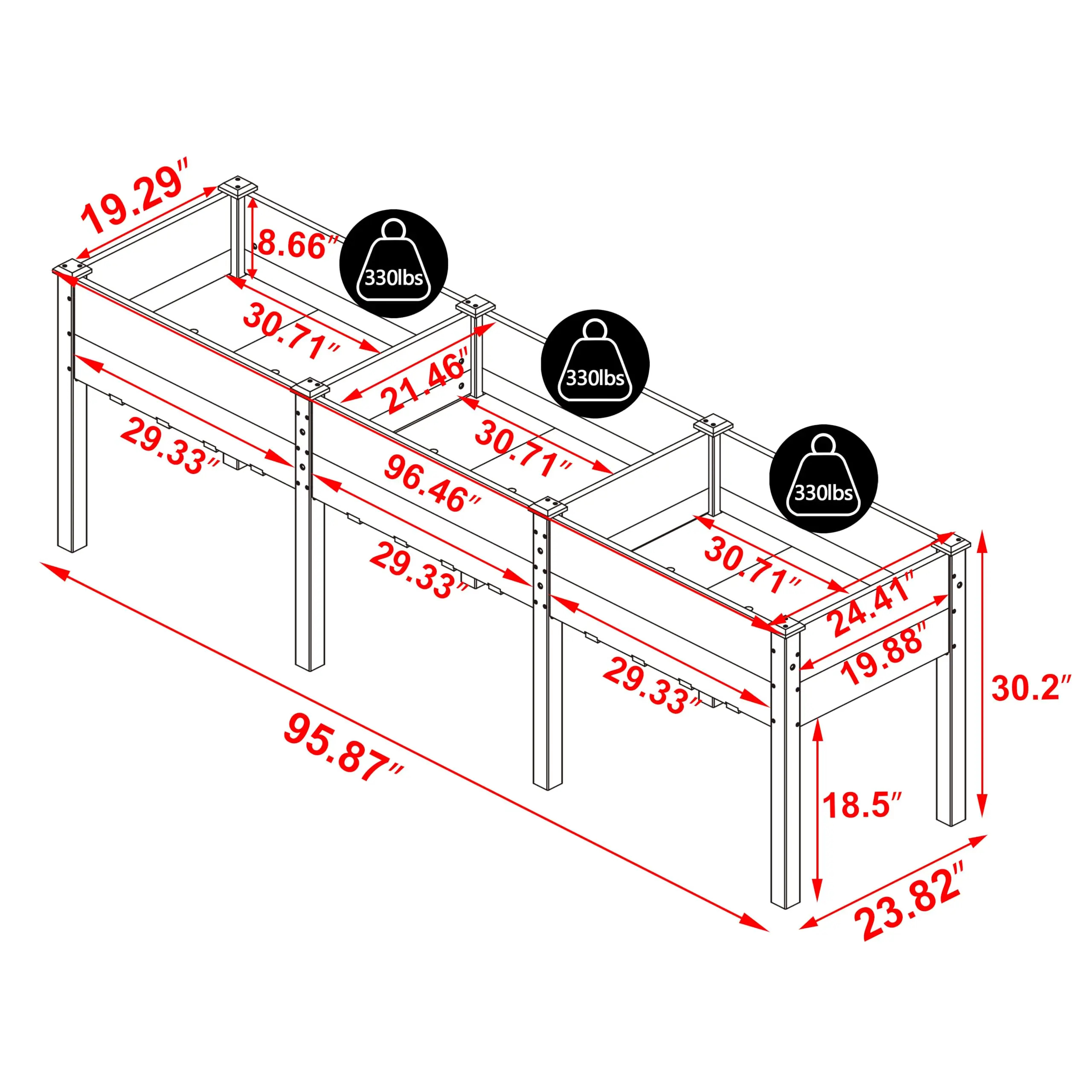 96''L x 24''W x 30''H Outdoor Cedar Garden Bed, 2x8 FT Raised Garden Bed with 9 Drainage Holes & 8 Legs, Elevated