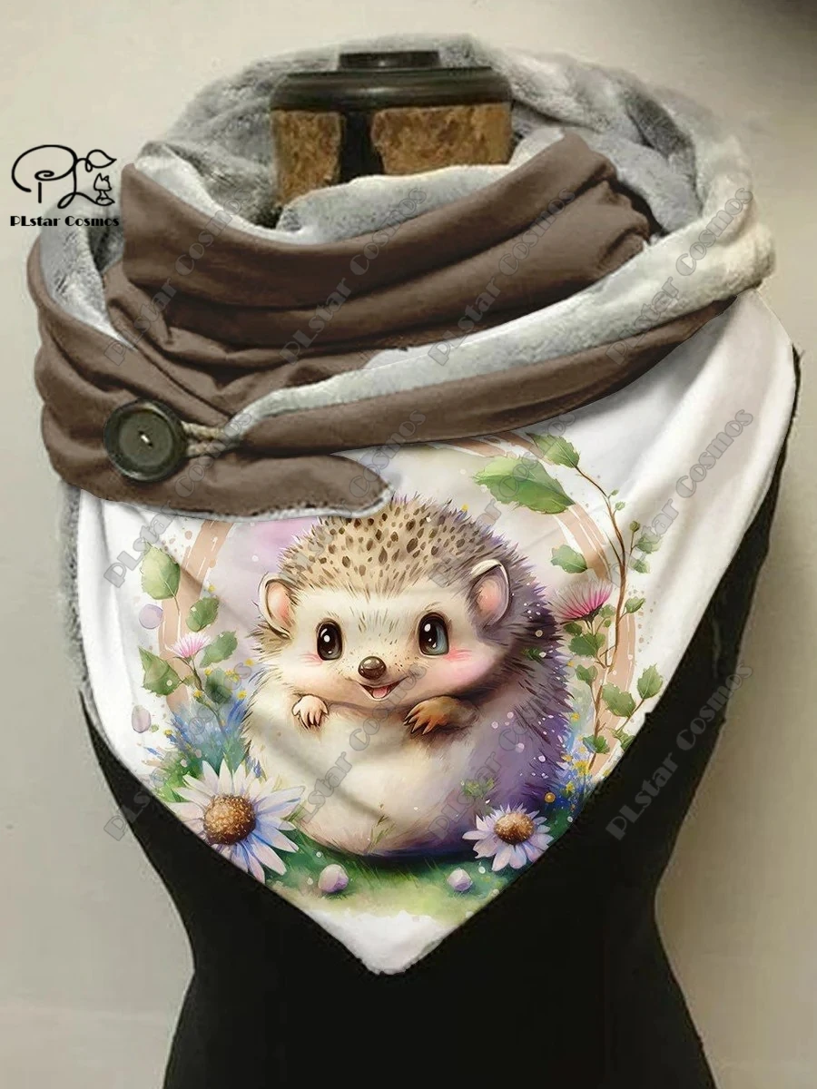 3D printing new animal series cute hedgehog, squirrel and rabbit pattern women\'s warm shawl spring winter small triangle scarf