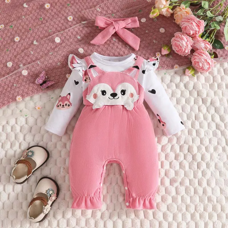 Abbigliamento per bambini Tute volpe cartone animato da 0 a 18 mesi Ragazzi Ragazze Tute stampate a maniche lunghe primaverili e autunnali con fascia per capelli