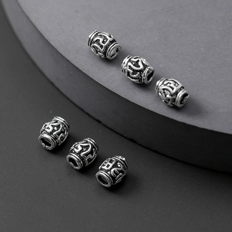 2pcs 925 Sterling Silver Buddhism Mantras Barrel Beads 5x4mm Retro S925 Silver Spacer Beads DIY Jewelry Making Unisex Bracelets
