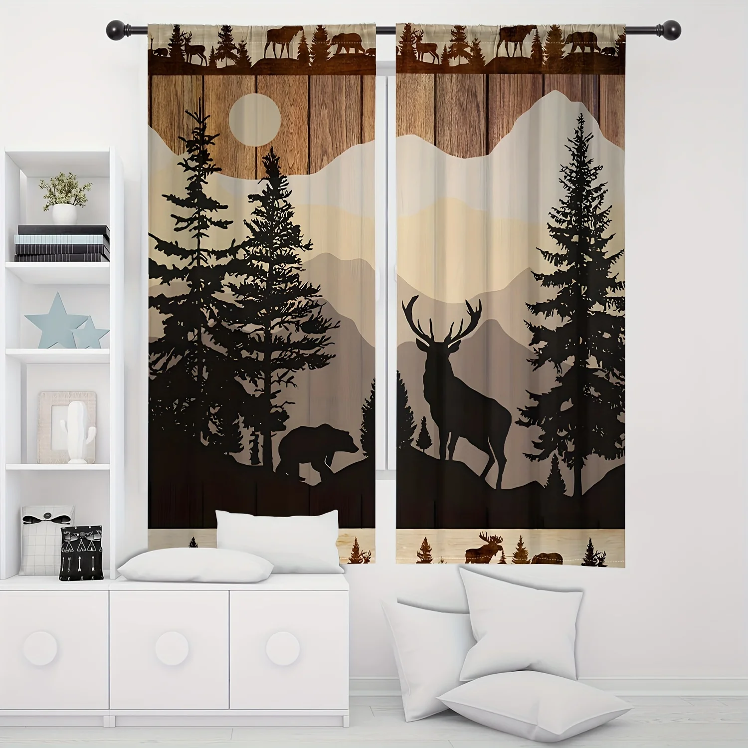 2PCS Digital Print Curtains, Rustic Forest Bear Deer, Vintage Cabin