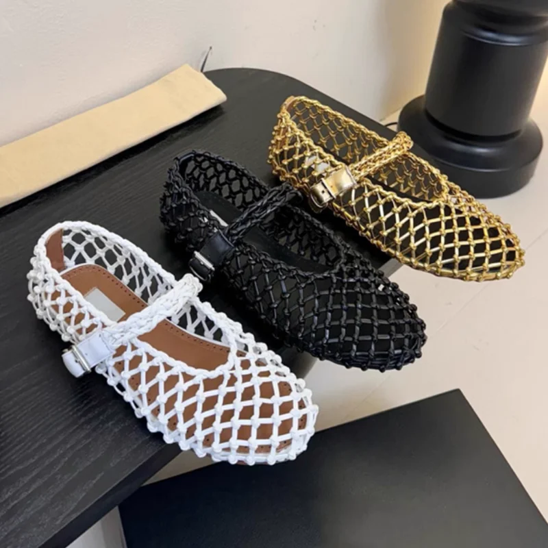 2025 New Retro Classic Woven Hemp Rope Hole Hollow Flat Sandals Ballet Shoes Mary Mesh Precious Single Shoes