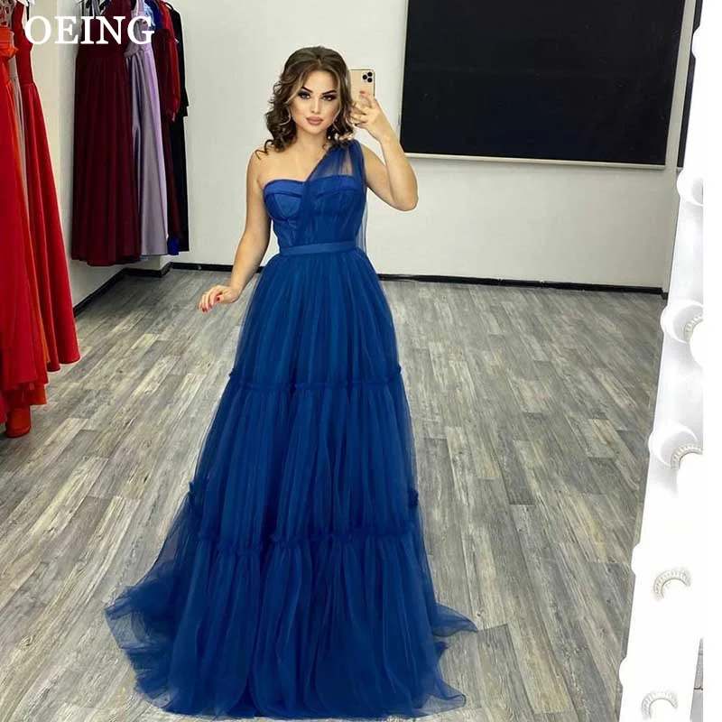 

OEING Elegant Royal Blue Simple Sweetheart Strapless One Shoulder Tulle Tiered Prom Dress Evening Dresses Formal Occasion Gowns