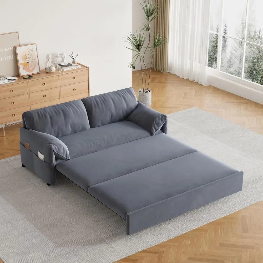 Convertible Queen Sleeper Sofa Bed with Velvet Recliner and Loveseat, Multifunctional Gray Couch for Living Room