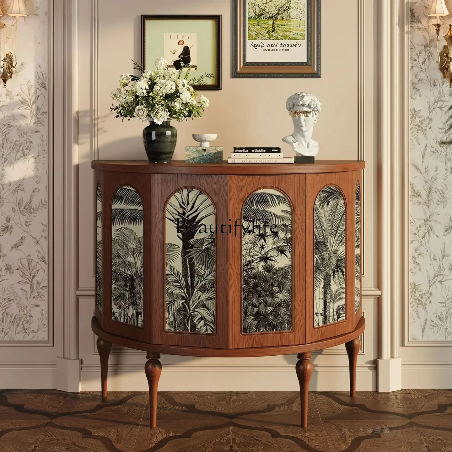 French Floral Solid Wood Entryway Cabinet Vintage Half Round Six-Sided Cabinet Living Room Storage Decorative Cabinet