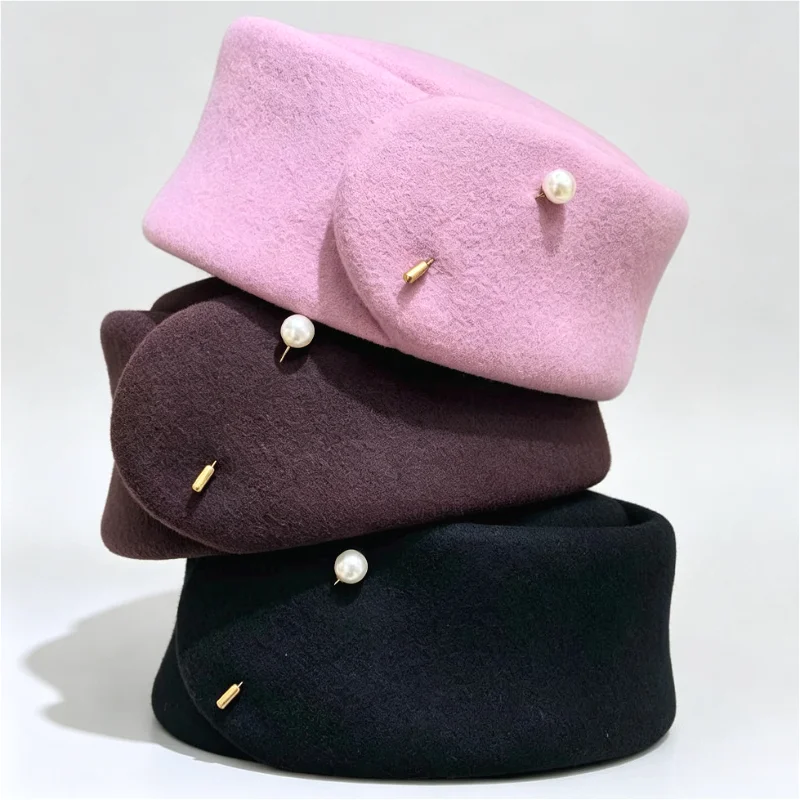 2027 New 100% Wool Shaped Medicine Box Hat Fall Winter Fashion Women Beret Pearl French Elegant Beret  Evening Fedora Cap
