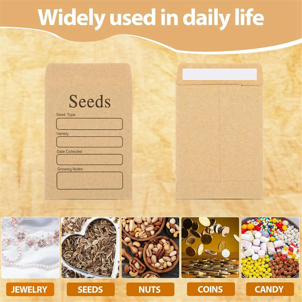 100 Pcs Seed Envelopes 3.54 x 2.36 Inch Brown Kraft Paper Seed Packets Envelopes Resealable Self Sealing Seed Packets