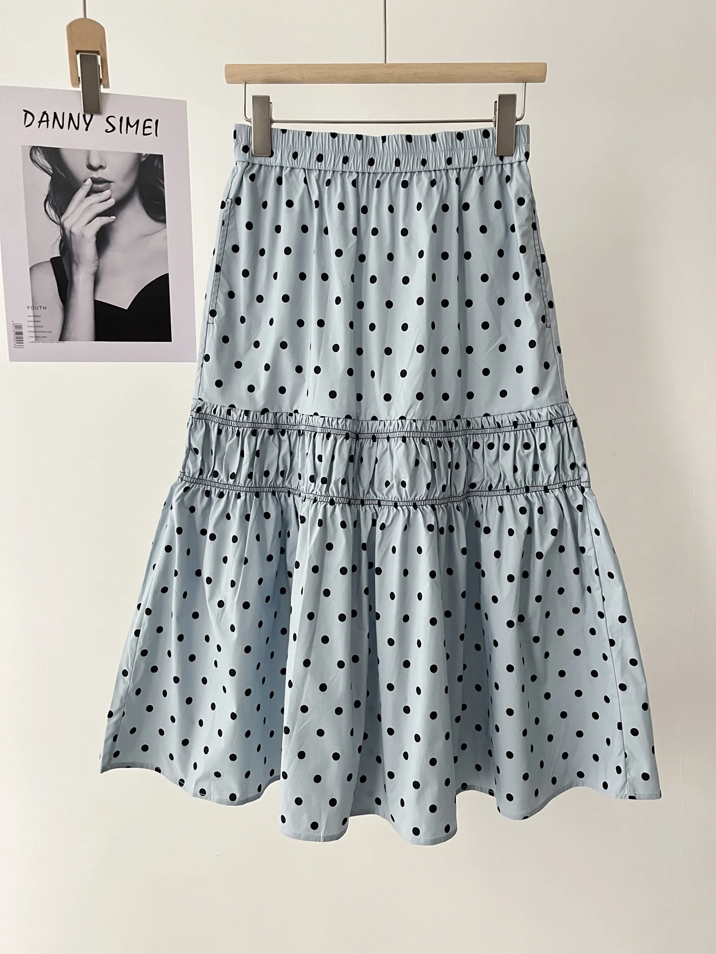 Vintage romantic fashionable pale person pleated splicing polka dot blue skirt long dress women's summer 030-0959