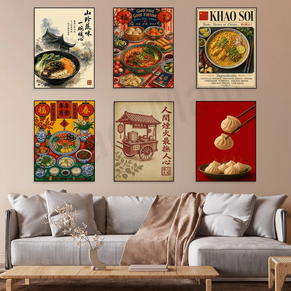 Chinese-style dining table, culinary art, curry noodles, noodle soup, soup dumplings, dumplings, Asian kitchen decor posters