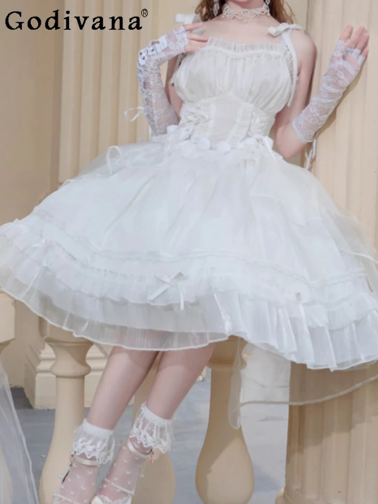

Spring Summer Jsk Lolita Elegant Temperament Princess White Dress High Waist A-line Age Reduction Sweet Fairy Slash Neck Dresses