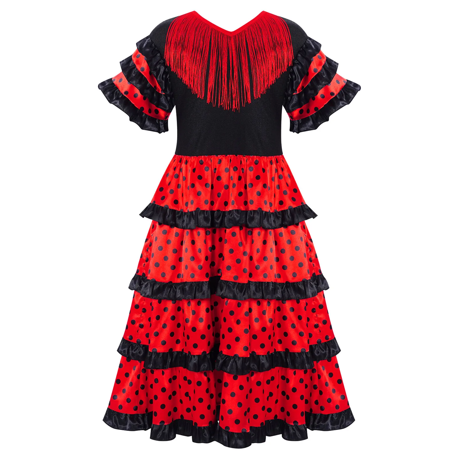 Kids Girls Spanish Flamenco Dress Childrens Gypsy Style Dance Performance Costume Tassels Short Sleeve Tiered Ruffles Dot Dress