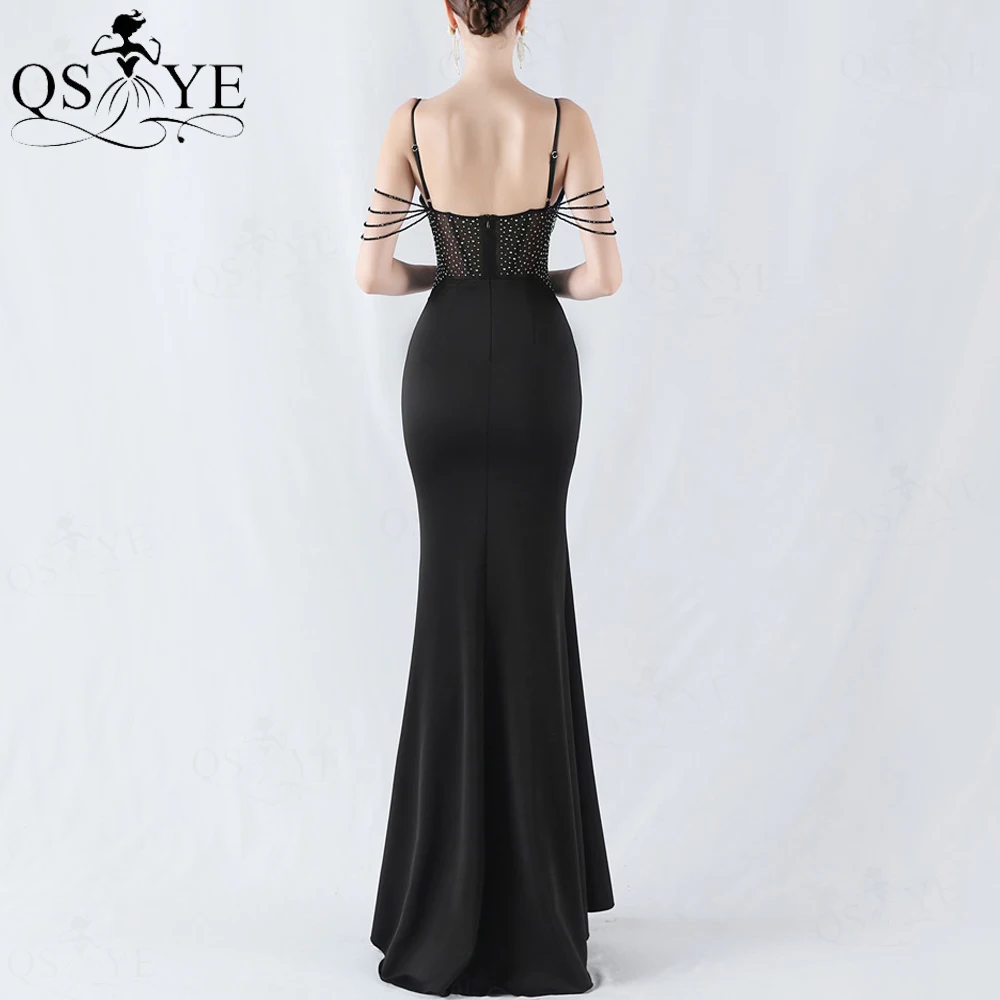 QSYYE Black Evening Dresses Hot Drill Sequin Waist Full Mermaid Formal Gown Beaded Straps Sweep Train Backless Prom Party Dress