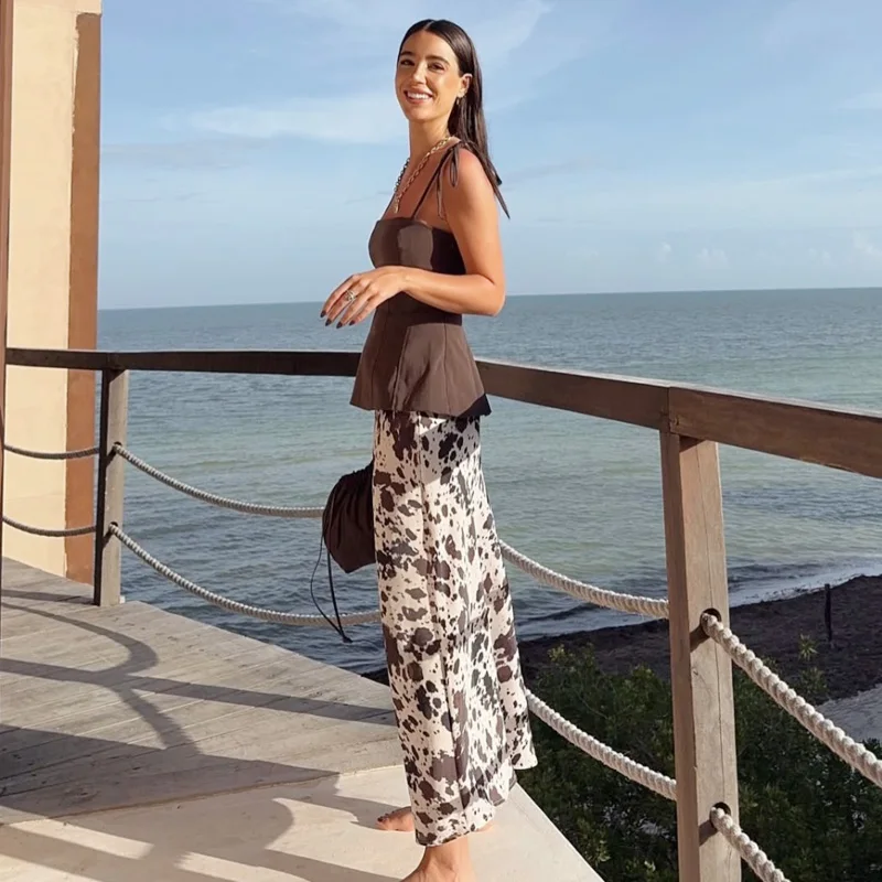 HXAO الساتان التنانير الطويلة للنساء الحيوان طباعة التنانير المرأة تنورة التعادل صبغ ماكسي حزام السلس التنانير خمر تنورة نسائية أنيقة