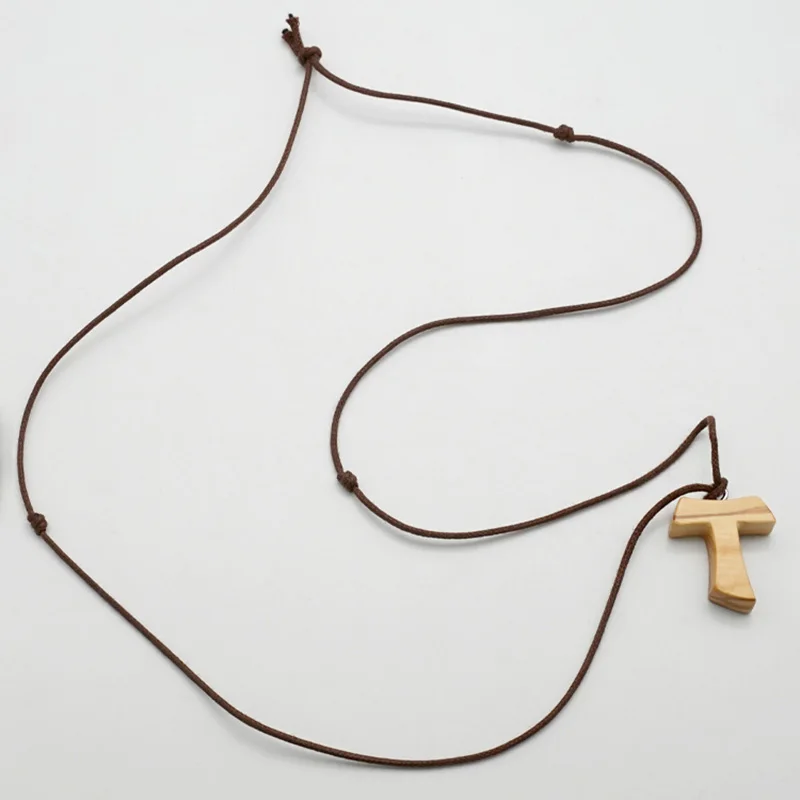 Religion Olive Wood Tau Cross 4/3/2.5CM Pendant with Rope Couple Necklace Religious Jewelry Christian Wooden Necklace for Women