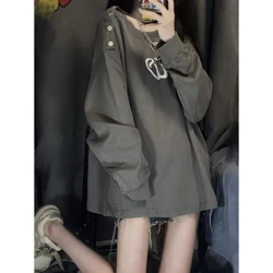 Vintage Off Shoulder Button T Shirt Tops Long Sleeve Solid Loose All-match Street Casual Hoodie Korean Fashion Women Clothing