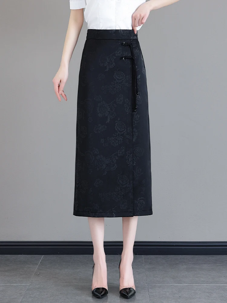 

Black Ice Silk Half-length Skirt Women's Summer Thin High-waist Midi Bodycon Skirt Chinese Style New Design Commute Friendly