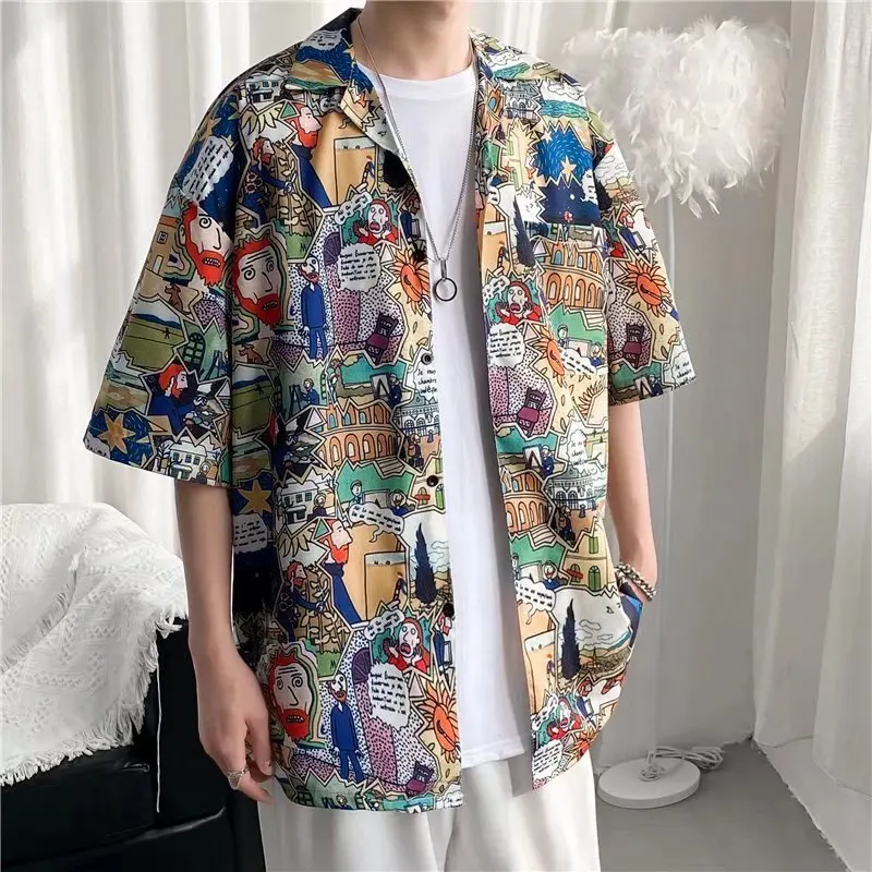 Summer Hawaiian Shirts For Men Hip Hop Mens Japanese Geisha Funny Printed White Pink Shirts Men Korean Casual Holiday Tops Shirt