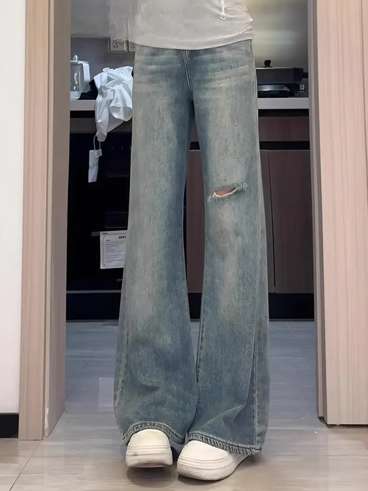 

Женские расклешенные джинсы с синими дырками в стиле ретро, большие размеры, летние тонкие брюки с высокой талией для похудения, закрывающие бедра, эластичные расклешенные брюки