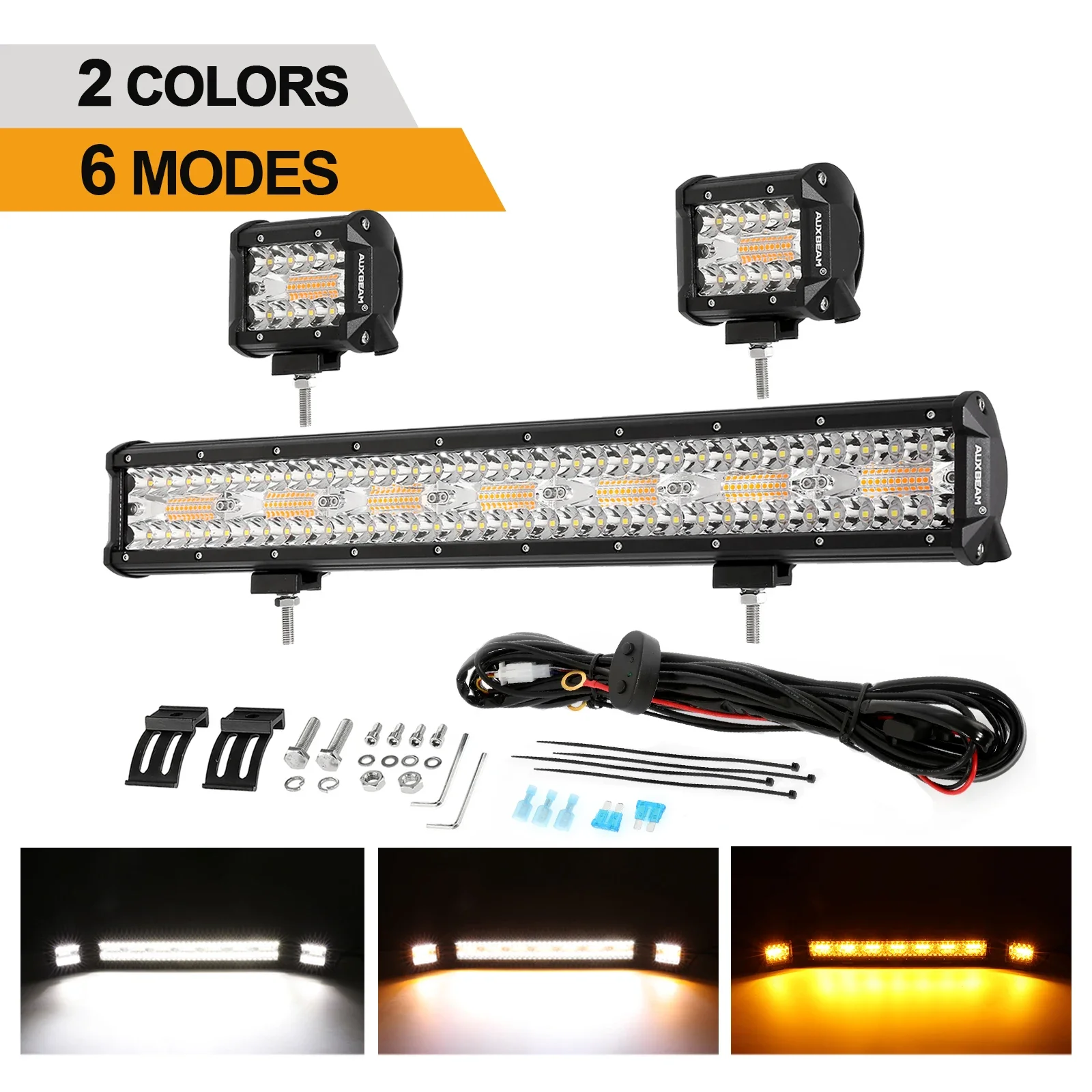 AUXBEAM 4 inch LED Work Light + 20 inch Light Bar with Wiring Harness 6 Modes Amber White Memory Function Off Road Driving Lamp