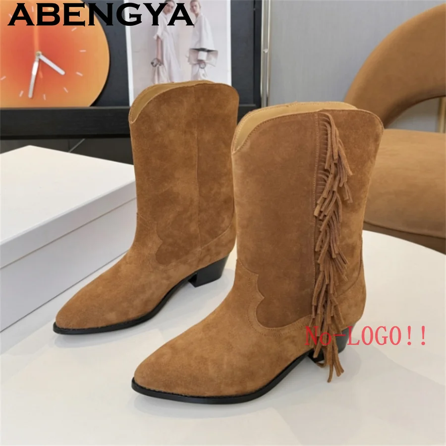 Women's Edge Tassel Chelsea Boots Genuine Suede Leather New Autumn Winter Fashion Women's Ankle Boots Retro Winter Boots Ladies