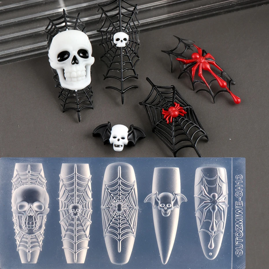 3D Totenkopf Fledermaus Spinnennetz Nagel-Silikonform Halloween Gothic Nagelkunst-Form Skelett Nagel-Charms Dekorationen Vorlage Nagelform – Detail 3
