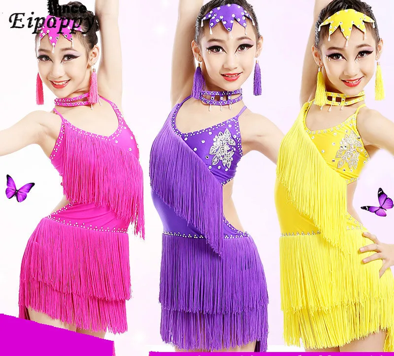 

Children's Latin Dance Costumes Children's Girls Latin Dance Competition Performance Costume Sequins Tassel Skirt New