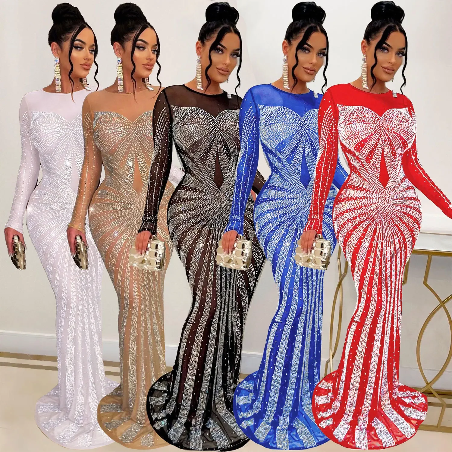 

Women Dress Floor Length Dresses Round Neck Full Sleeve Party Gown Hot Drilling Hip Wrap Sexy Vestidos Evening Slim Fit