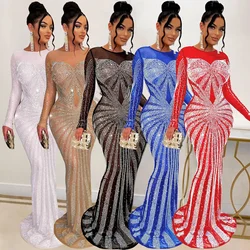 Women Dress Floor Length Dresses Round Neck Full Sleeve Party Gown Hot Drilling Hip Wrap Sexy Vestidos Evening Slim Fit