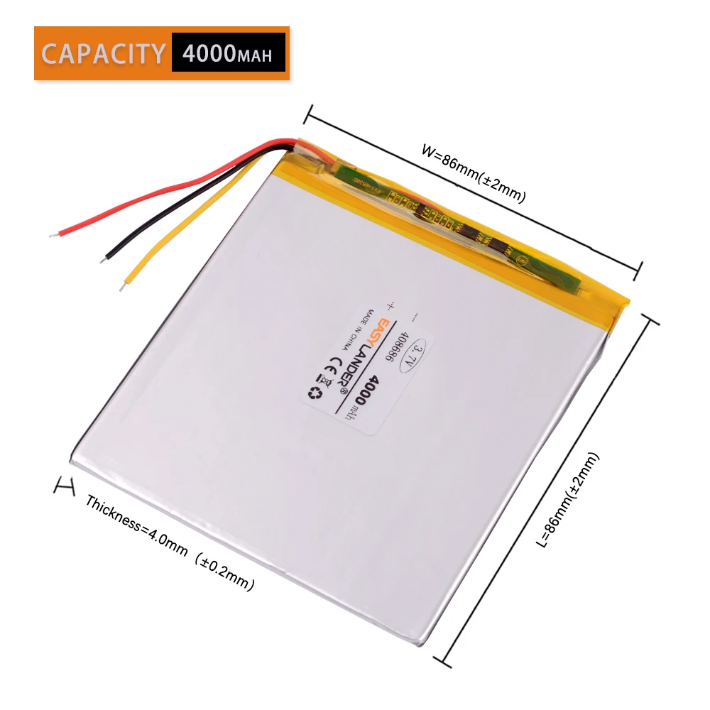 3 wire  3.7V 4000mAh 408686 Rechargeable Lithium Li-ion Li Polymer Battery for tablet prestigio 3777  the ritmix rmd-751