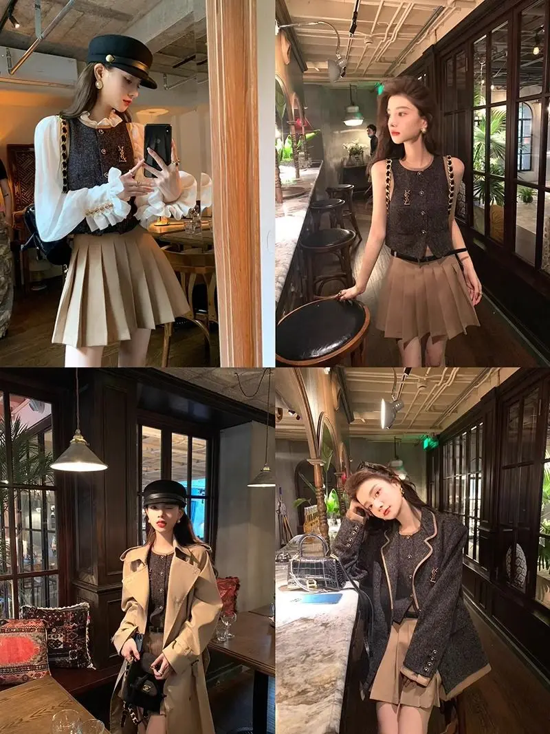 Shpmishal Korean Fashion British Style Suit Jacket Women's Autumn New Vest Pleated Short Skirt Three Piece Set Female Clothing