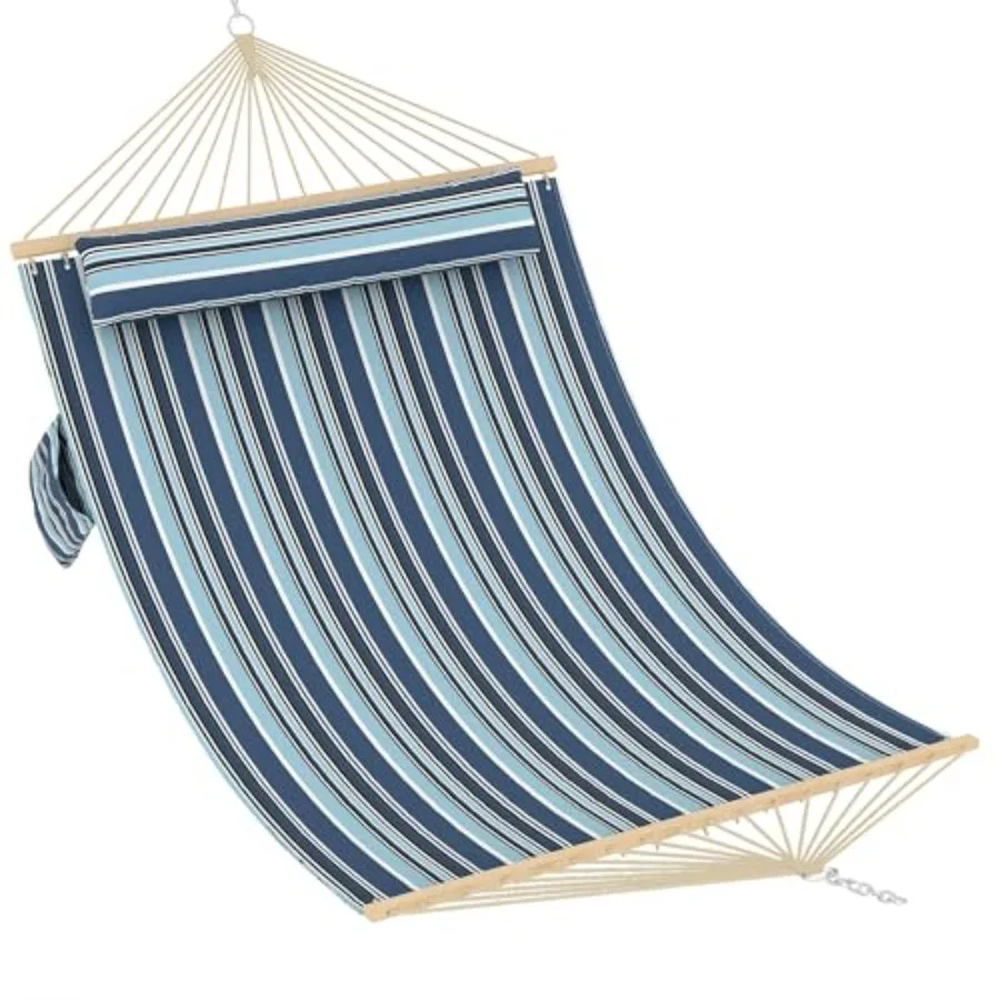 12 FT Double Quilted Fabric Hammock with Spreader Bar and Detachable Pillow for Outdoor Patio Backyard Poolside 450lbs Weight C