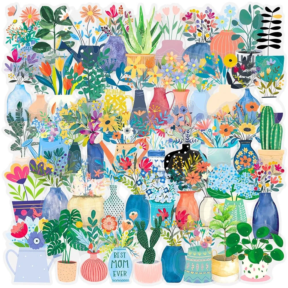 50pcs Ins Style Potted Plant & Flower PET Stickers Waterproof Decals for Journaling Scrapbooking Laptop Phone Bottle