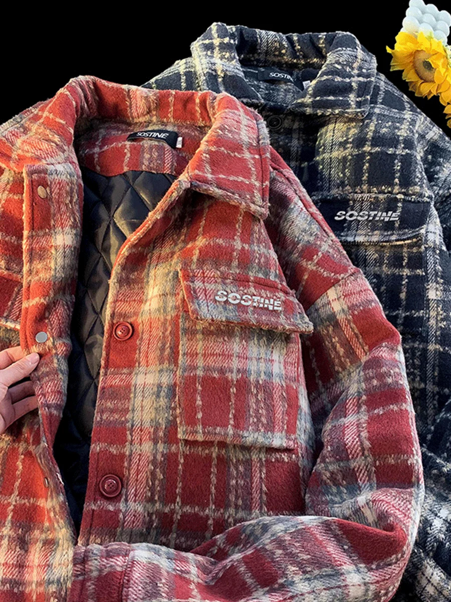 

Ретро-японская красная клетчатая утепленная хлопковая куртка для мужчин, осенне-зимняя шерстяная рабочая куртка Cleanfit, повседневная свободная модель