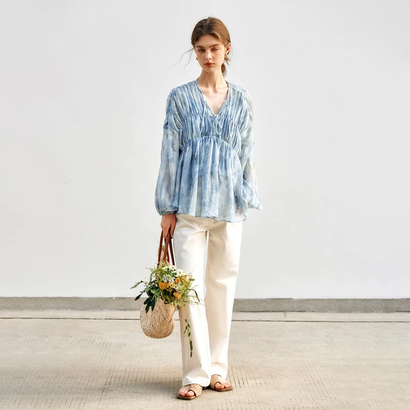 OLrain Blue Chiffon Womens Blouses Spring 2025 Sweet Folds Elegant V-neck Lantern Sleeve Casual Shirring Loose Shirts N57CX93832