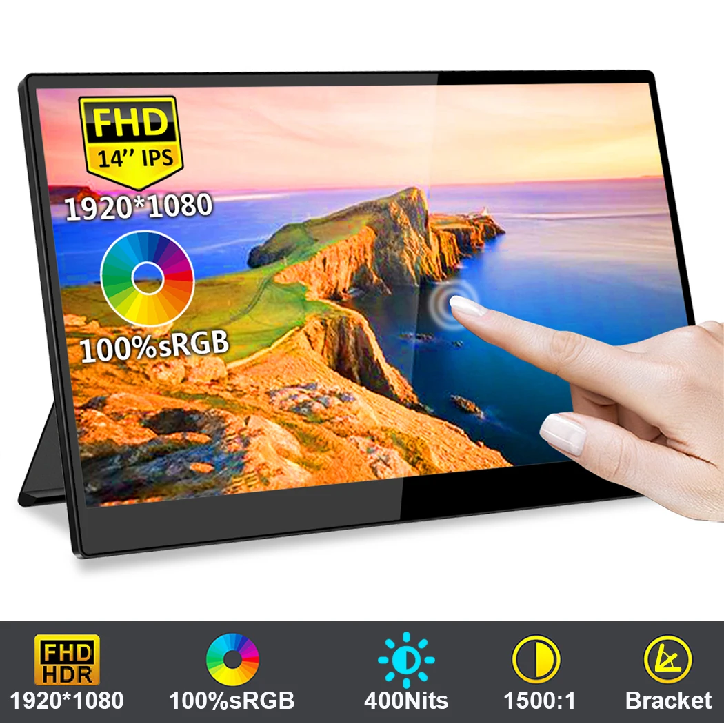 

14 Inch 1080P FHD Portable Monitor TouchScreen With Type-C HDMI Mini DP-Compatible Gaming Monitor for PC Xbox PS5 Switch Laptop