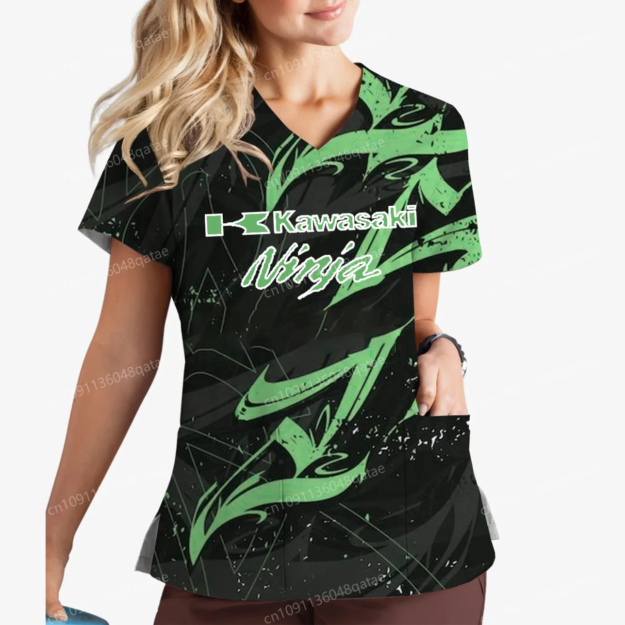 

Kawasaki High-quality T Shirt Nurse Uniform T-shirt V-Neck T-shirts for Women Short Sleeve Tee Pocket Female Clothing Uniforms