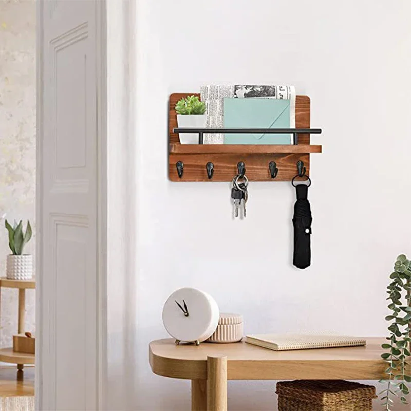 1pc Mail & Keys Holder Rack Wall/Door Hanger Wood Shelf Storage Sundries Coat Hat Organizer Retro Decor Entryway Kitchen Garage