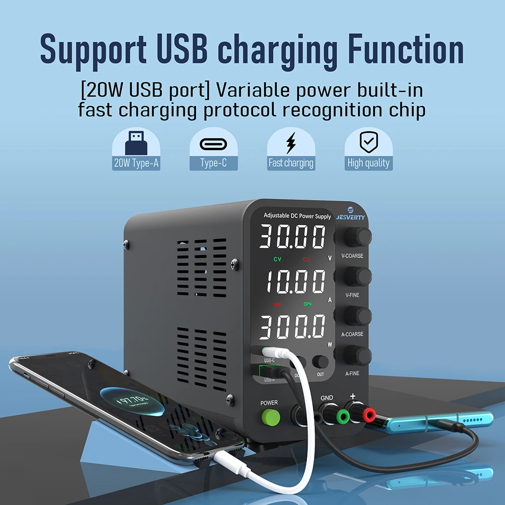 Jesverty 3010V DC Power Supply Variable,0-32V 0-10A Switching Bench Power Supply with 20W USB&Type-C Quick-Charge, Output Switch