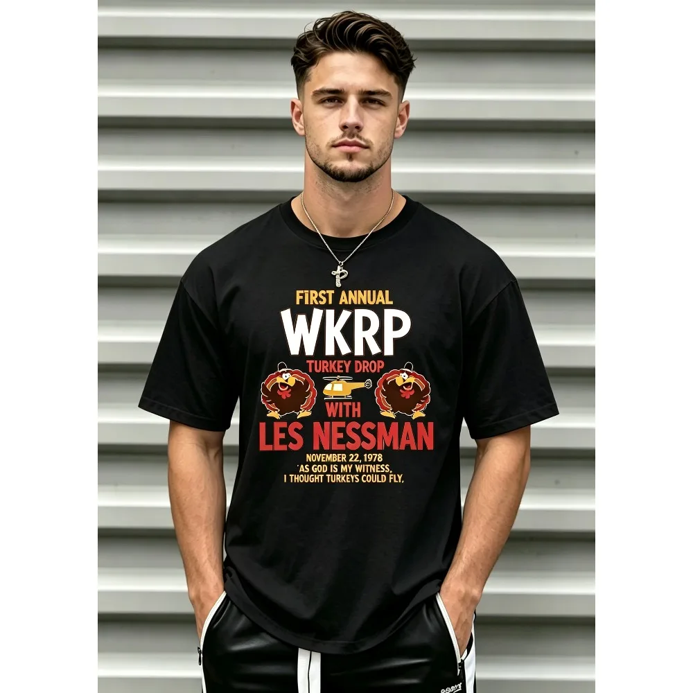 2026 New WKRP Turkey Drop Vintage Funny Print T-shirt, Turkey Helicopter Cartoon Graphic,  Street Unisex Tops
