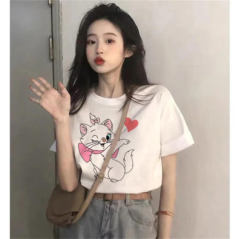 Disney Marie Cat Women's T-shirts Cotton Casual Clothes Tee Shirts Kawaii Cartoons Short Sleeve Fashion Tops Harajuku Streetwear