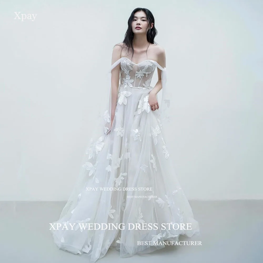 

XPAY Elegant Sweetheart Off Shoulder Korea Wedding Dresses Photos Shoot Lace Appliques Bride Dress Corset Backless Bridal Gown