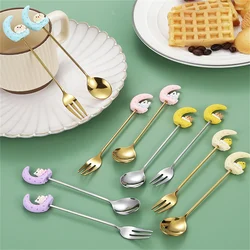 Stainless Steel Spoon Fork Stainless Steel Cute Dessert Spoon Cloth Wheel Light Dessert Kitchen Tool Moon Rabbit Spoon Fork Fork