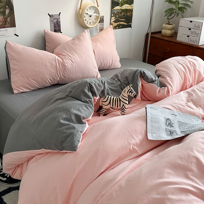 Simple Pink Grey Duvet Cover Fashion Solid Color Bedding Set 3pcs Polyester Comforter Cover Bedroom Quilt Cover 2 Pillowcases