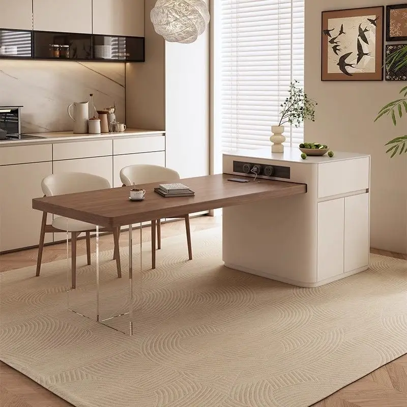 Walnut color island dining table integrated medium and ancient style suspension retractable household small apartment Nakajima