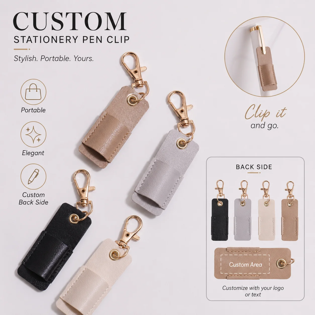 

Custom leather pen clip, stylish portable pen holder, DIY stationery charm, personalized name pen clip,for office and school use