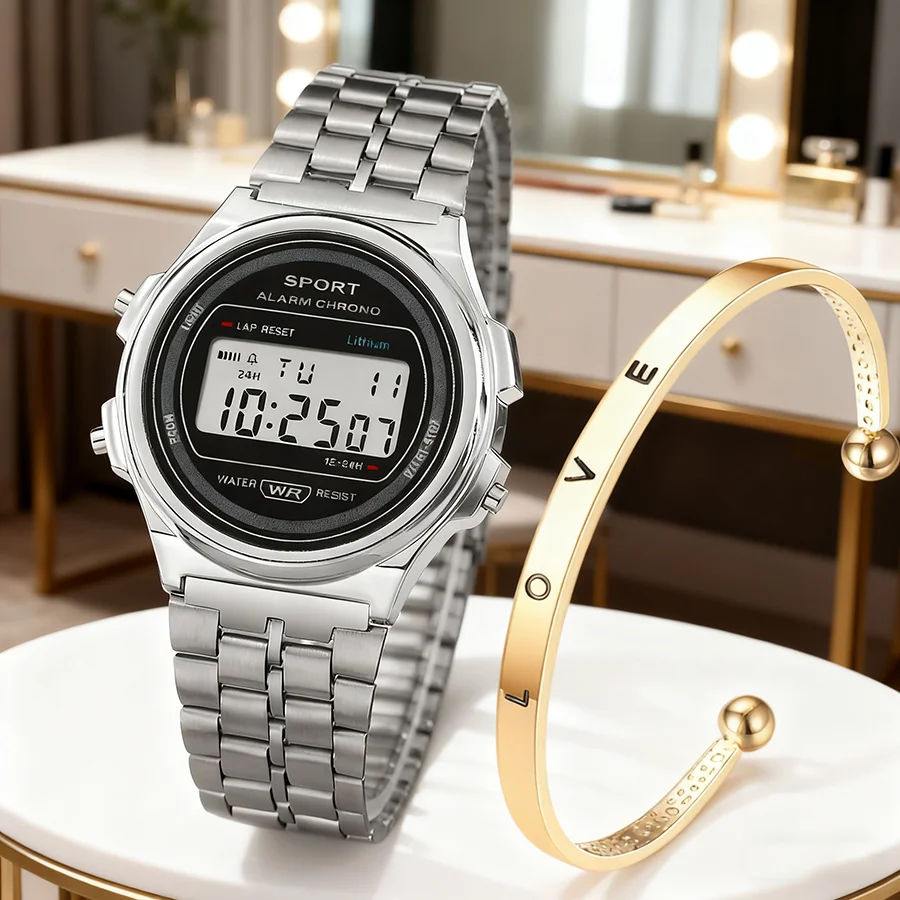 

2 шт./компл. модные женские часы с набором браслетов LOVE классические светодиодные цифровые наручные часы с подсветкой роскошные электронные спортивные часы наборы