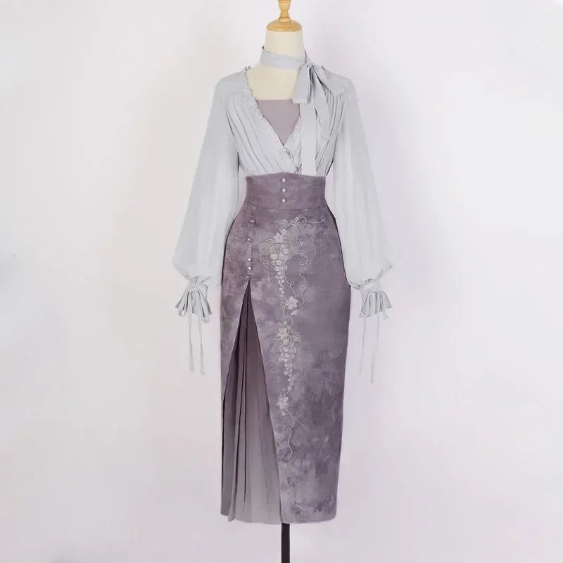 Vestido Hanfu morado de estilo chino mejorado, traje con manga acampanada, falda con estampado de uva, traje Vintage de dos piezas dulce de otoño para mujer