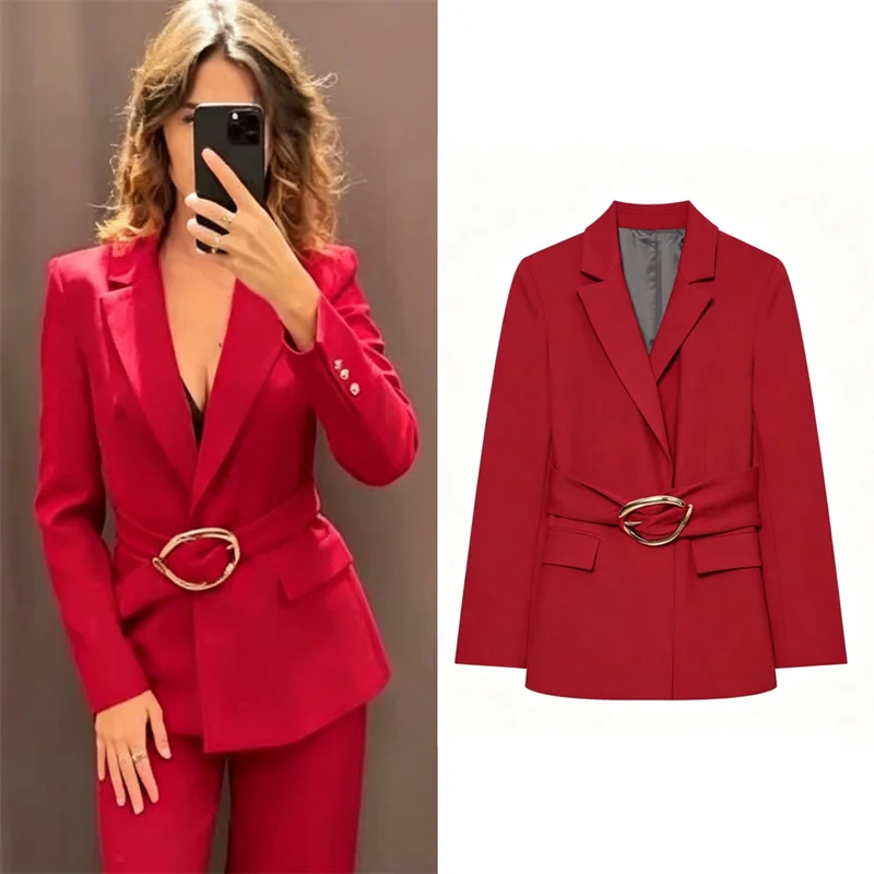 Guobioziy Women's Coat 2026 Early Autumn New Fashionable Versatile Long-Sleeve Collared Blazer with Shoulder Pads and Belt